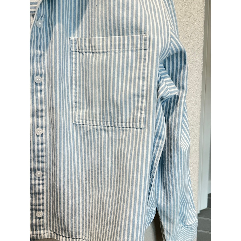 RSQ Blue White Stripe Crop Button Up Shirt XL Oversized - Picture 5 of 6